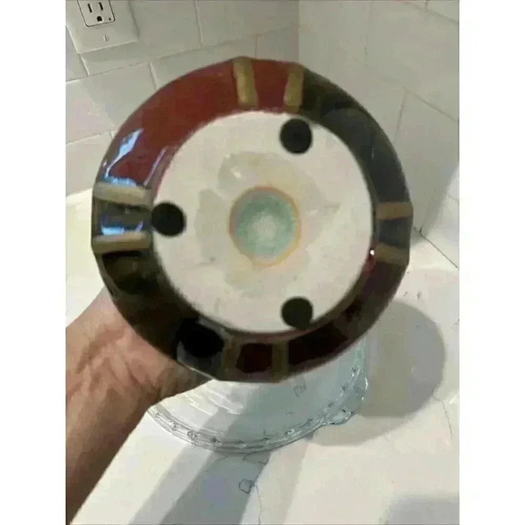 Fabulous Pottery Vase Red Olive Glaze Gold Stripes 6.5" - Picture 8 of 10